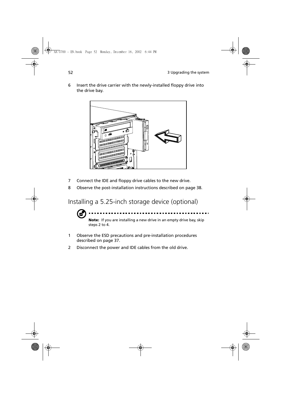 Installing a 5.25-inch storage device (optional) | Acer Altos G700 User Manual | Page 62 / 122