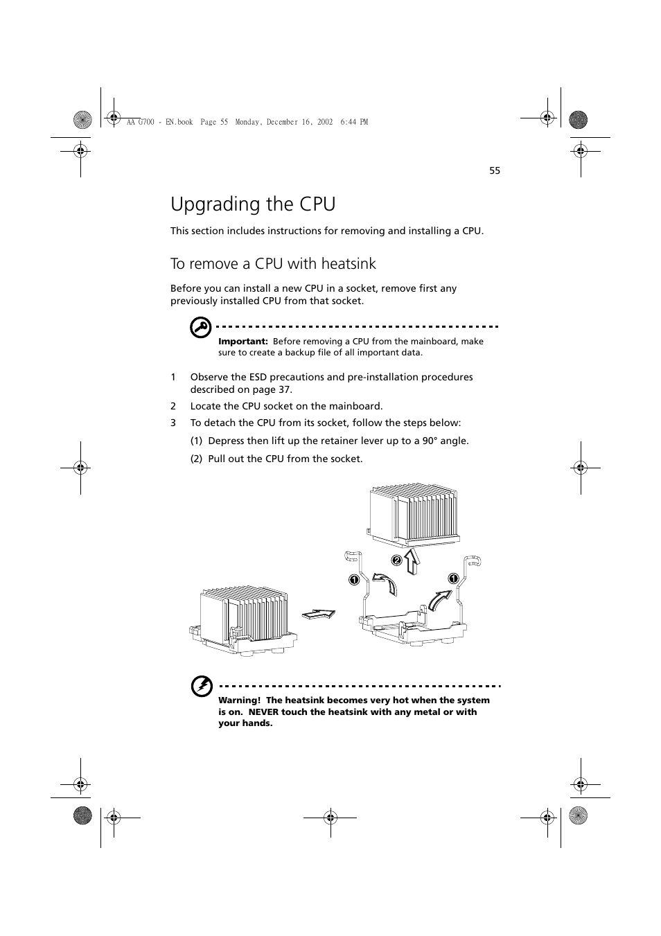 Upgrading the cpu, To remove a cpu with heatsink | Acer Altos G700 User Manual | Page 65 / 122