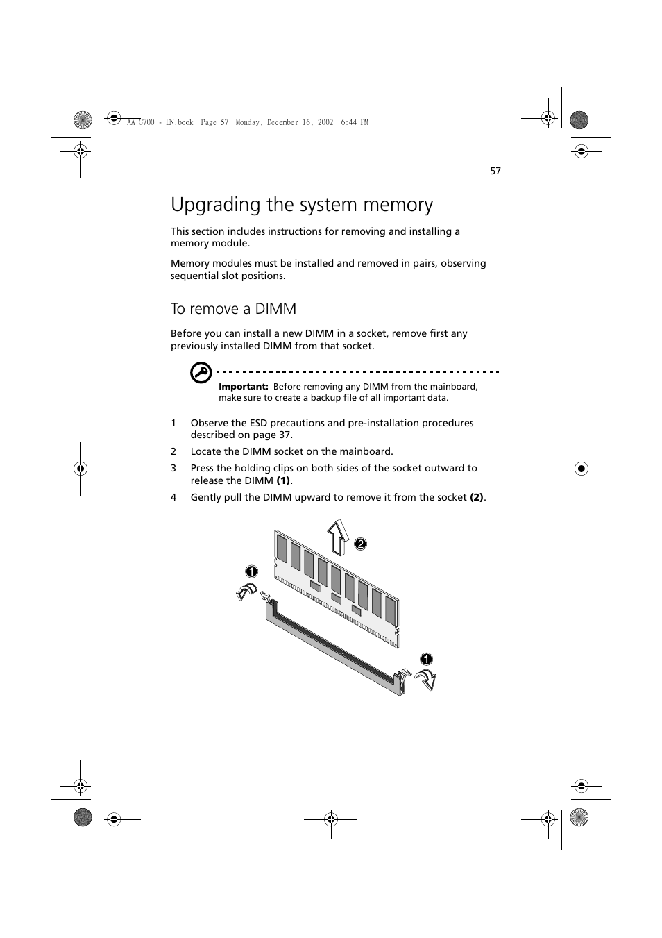 Upgrading the system memory, To remove a dimm | Acer Altos G700 User Manual | Page 67 / 122