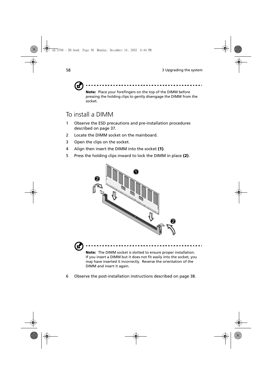 To install a dimm | Acer Altos G700 User Manual | Page 68 / 122