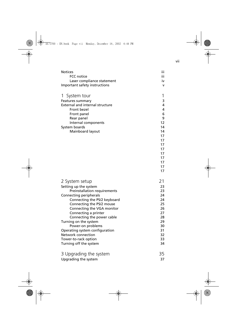 1 system tour 1, 2 system setup 21, 3 upgrading the system 35 | Acer Altos G700 User Manual | Page 7 / 122