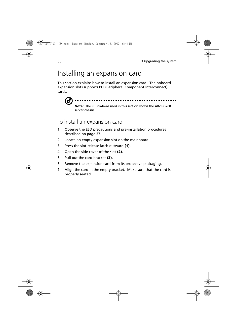 Installing an expansion card, To install an expansion card | Acer Altos G700 User Manual | Page 70 / 122