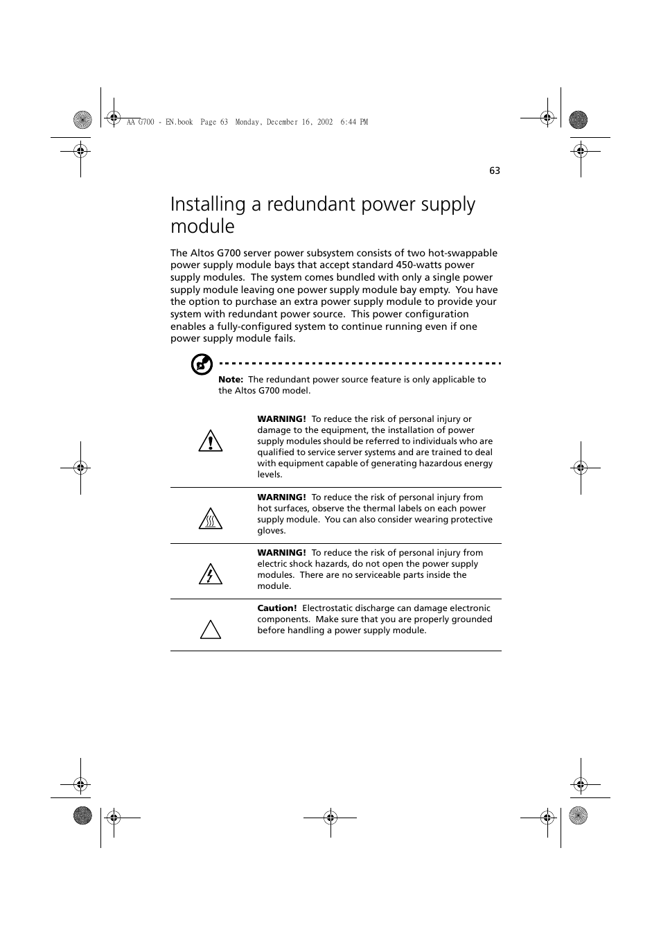 Installing a redundant power supply module | Acer Altos G700 User Manual | Page 73 / 122