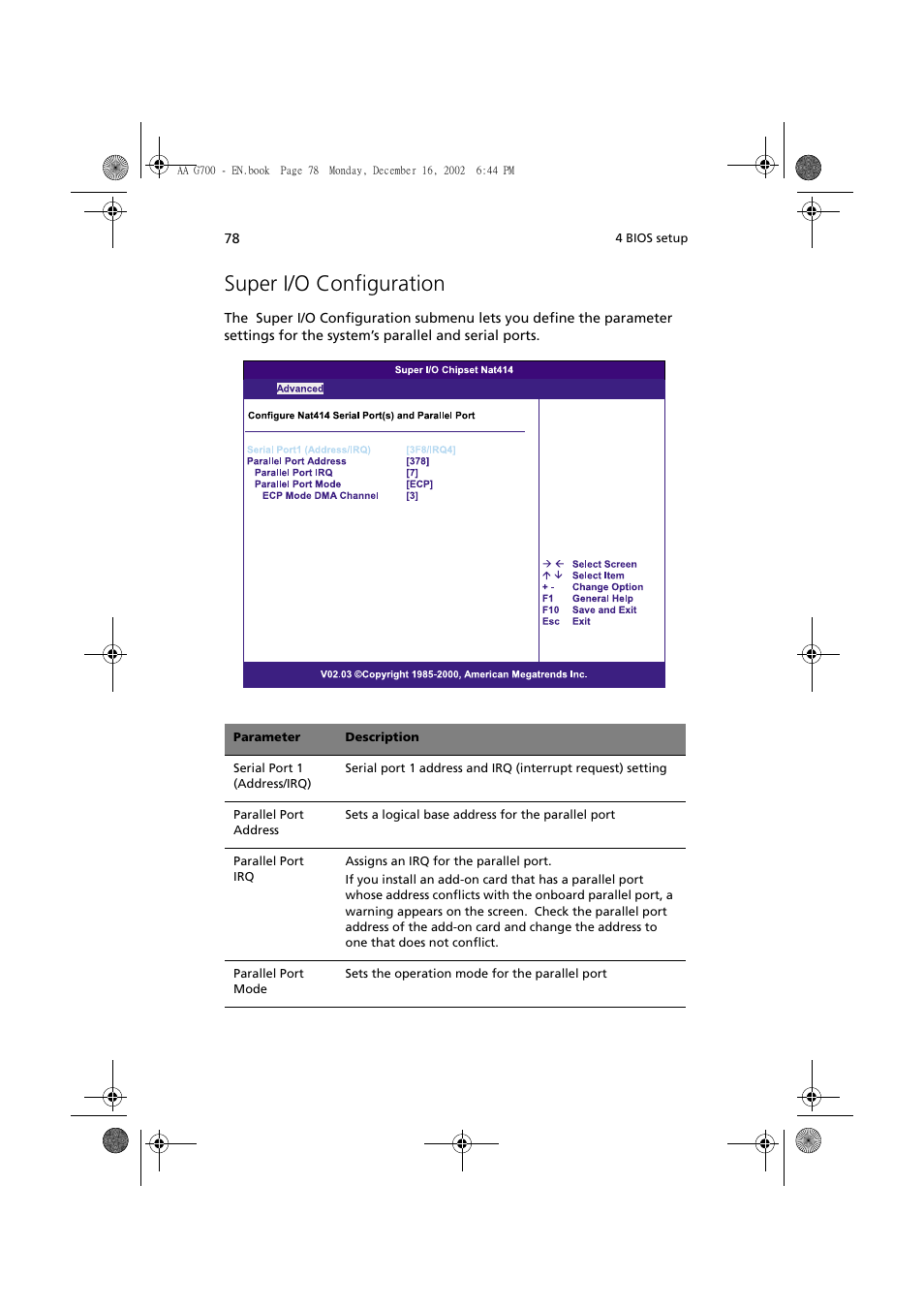 Super i/o configuration | Acer Altos G700 User Manual | Page 88 / 122