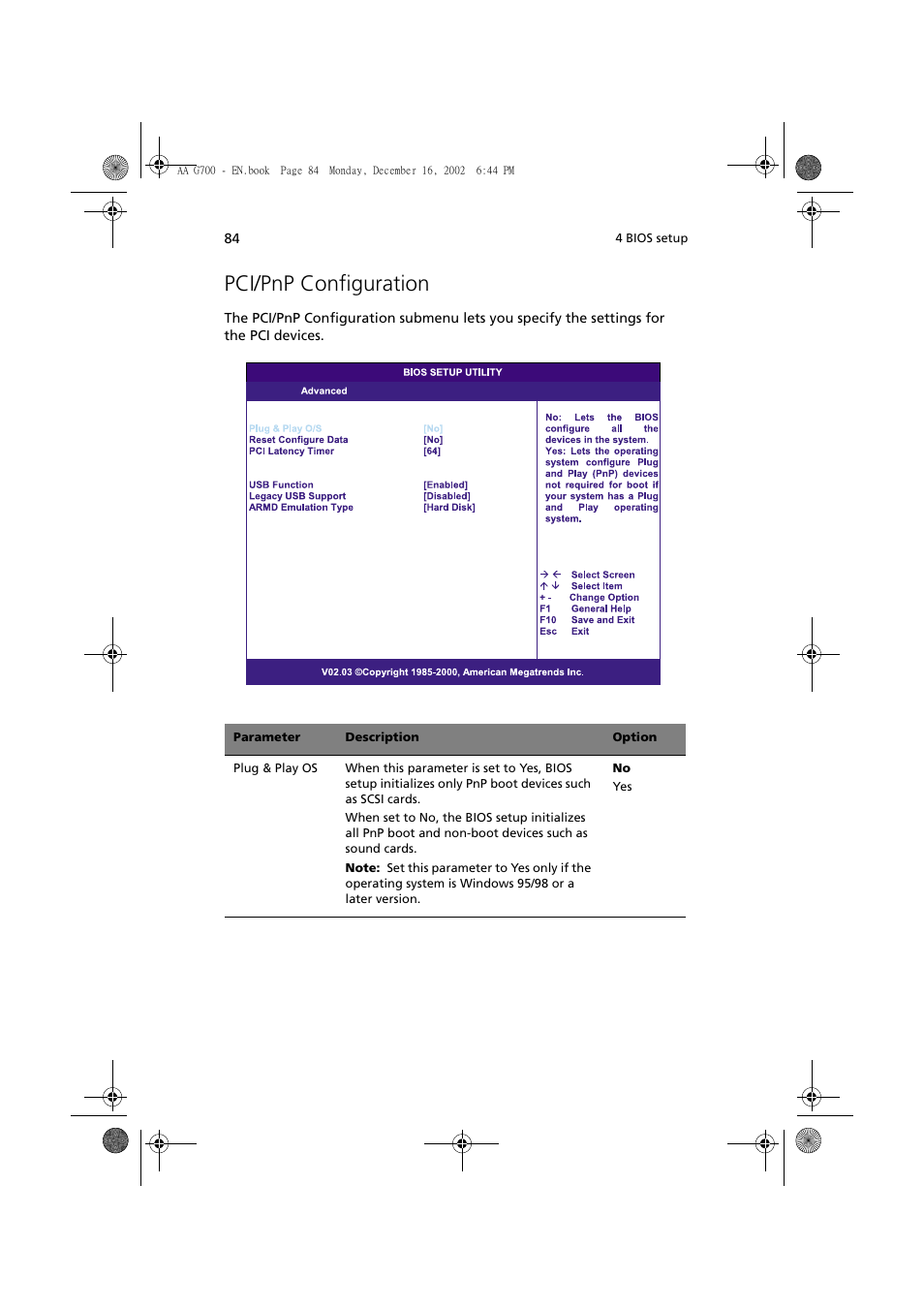 Pci/pnp configuration | Acer Altos G700 User Manual | Page 94 / 122