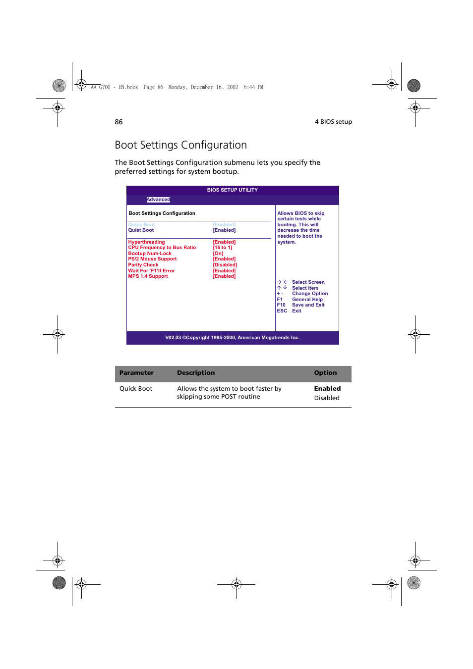 Boot settings configuration | Acer Altos G700 User Manual | Page 96 / 122
