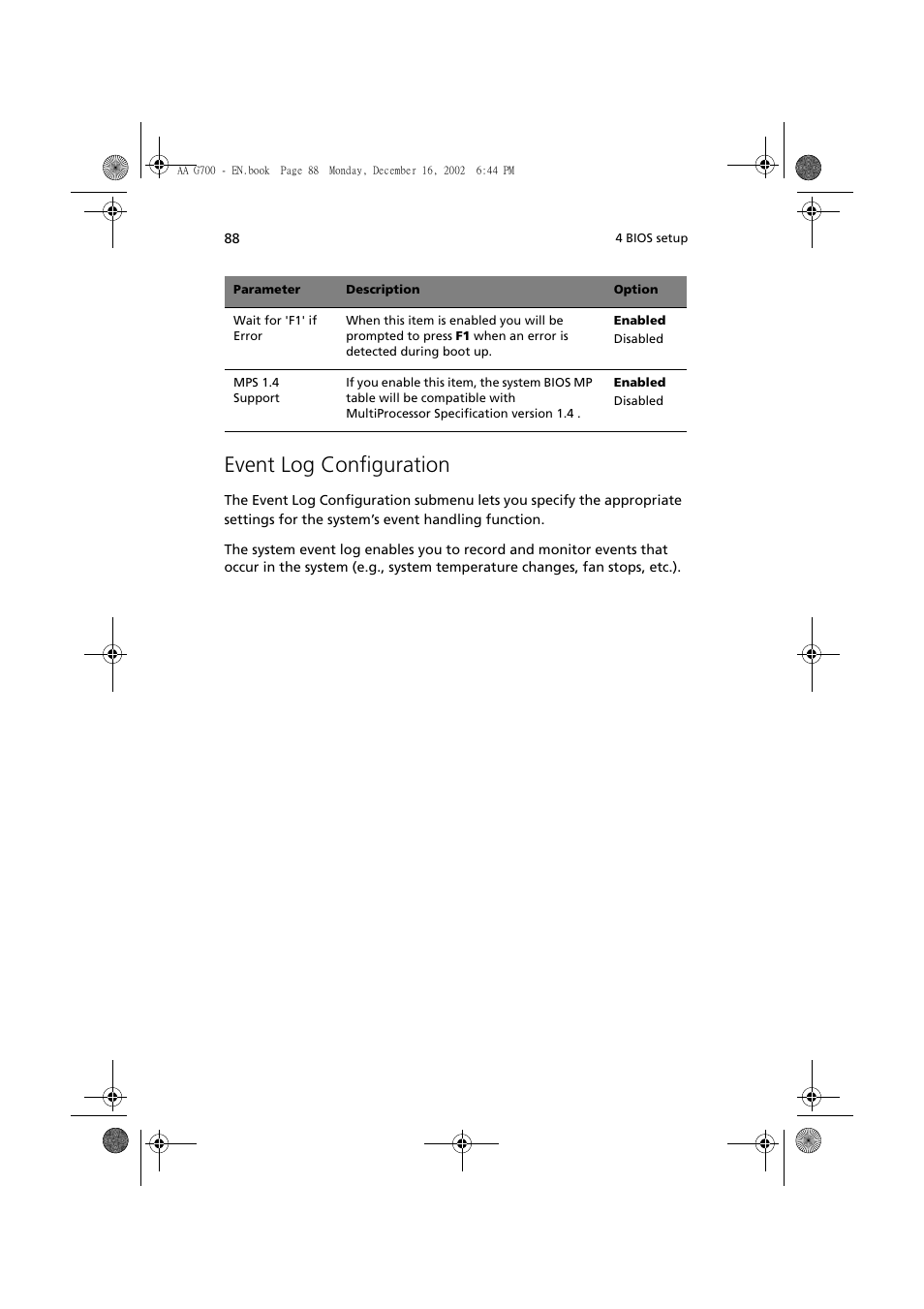 Event log configuration | Acer Altos G700 User Manual | Page 98 / 122