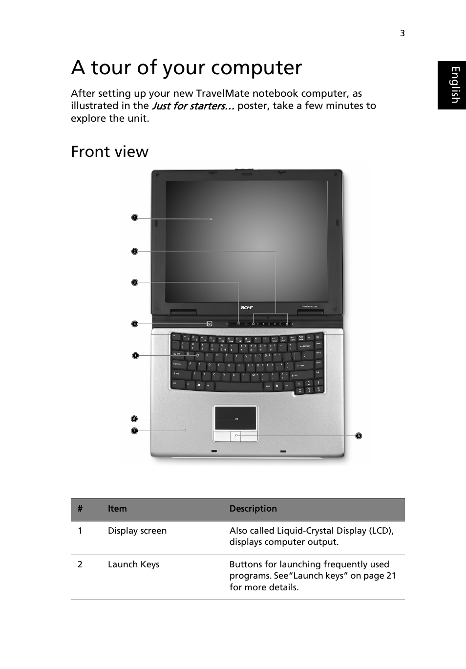 A tour of your computer, Front view | Acer TravelMate 2200 User Manual | Page 13 / 105