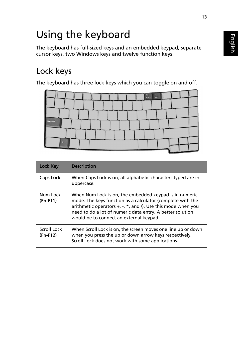 Using the keyboard, Lock keys | Acer TravelMate 2200 User Manual | Page 23 / 105