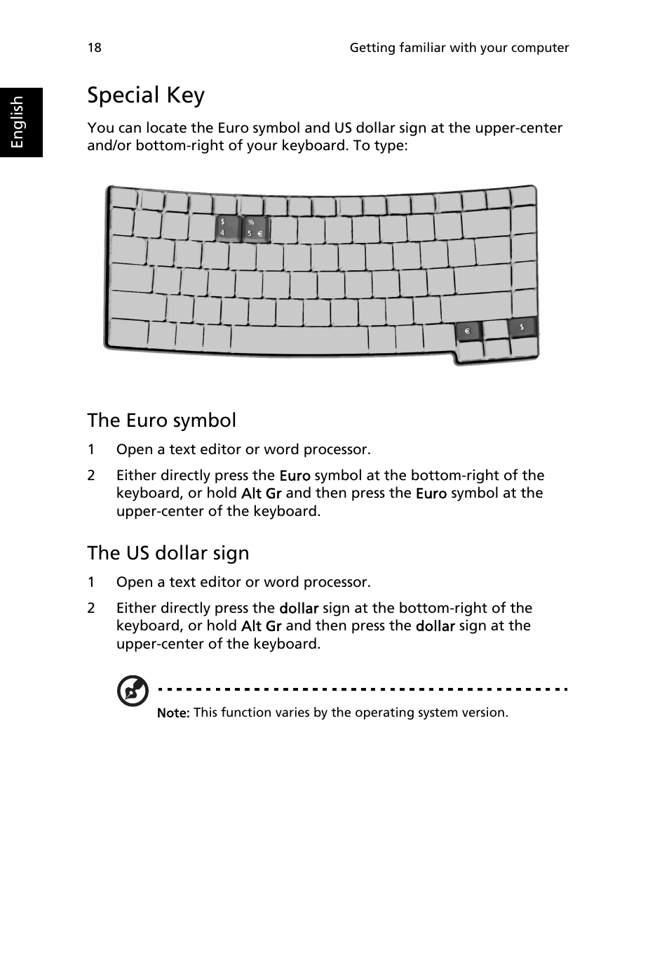 Special key, The euro symbol, The us dollar sign | Acer TravelMate 2200 User Manual | Page 28 / 105