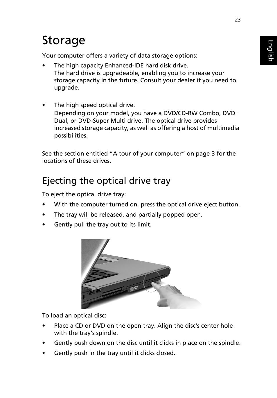 Storage, Ejecting the optical drive tray | Acer TravelMate 2200 User Manual | Page 33 / 105