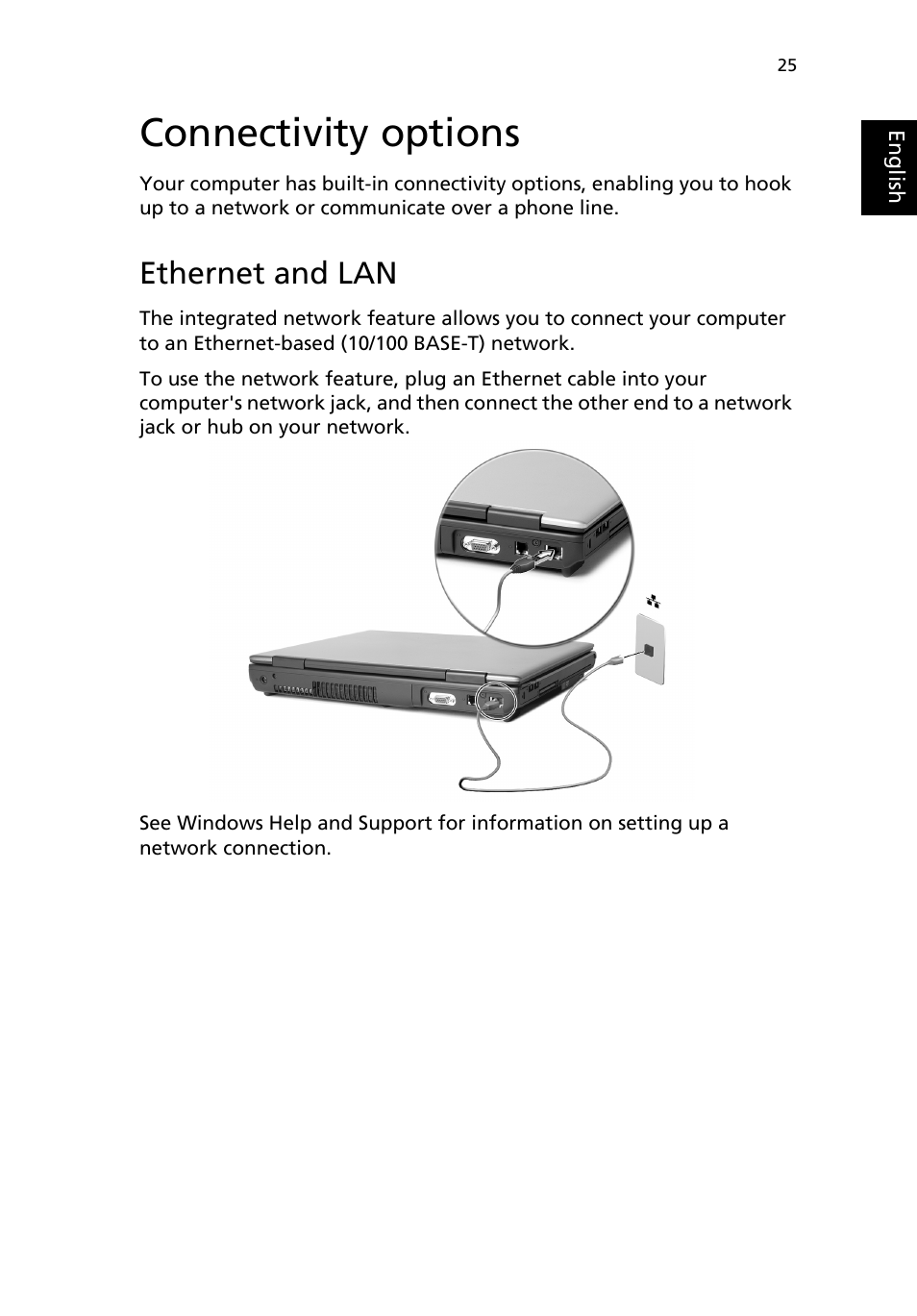 Connectivity options, Ethernet and lan | Acer TravelMate 2200 User Manual | Page 35 / 105