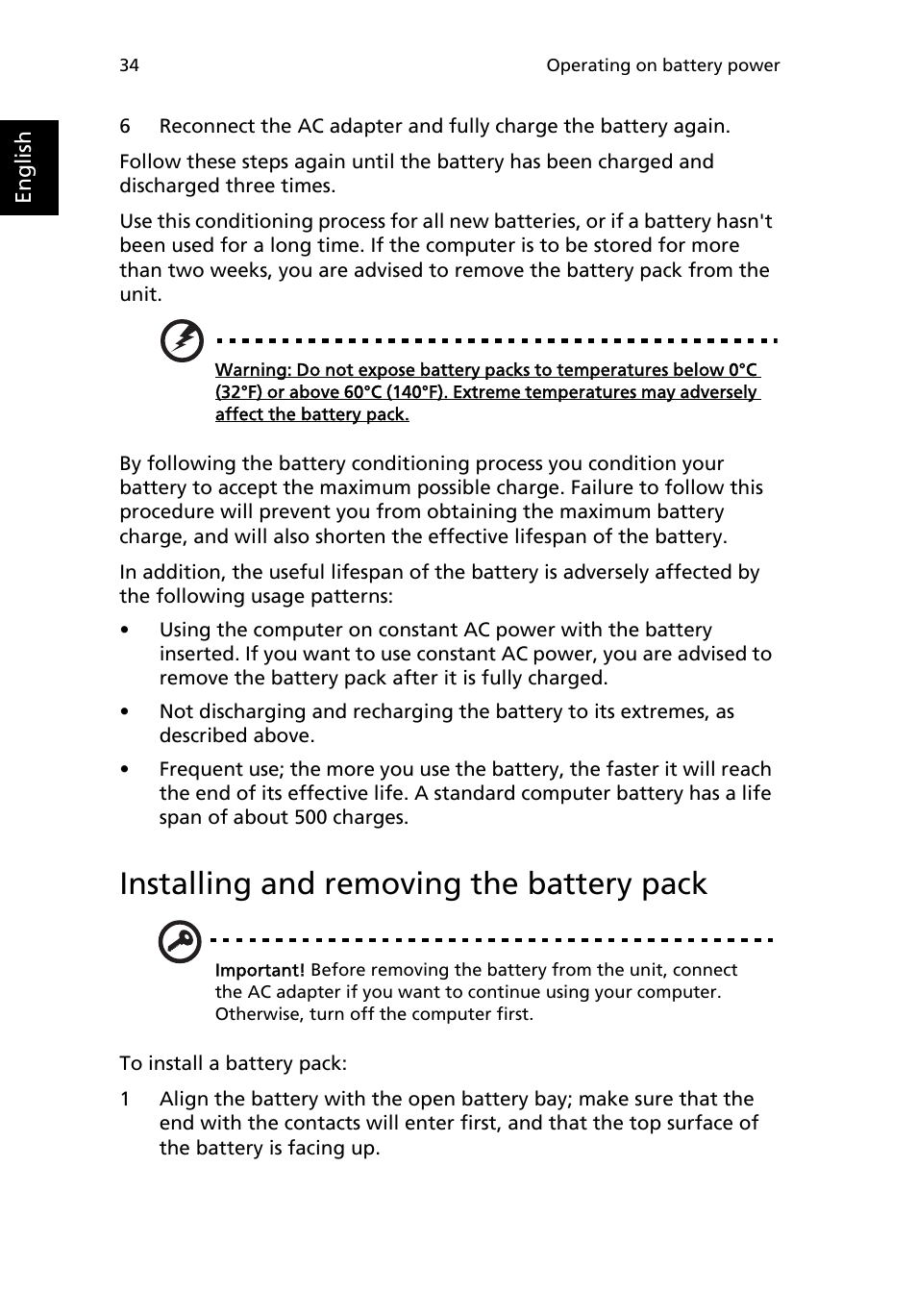 Installing and removing the battery pack | Acer TravelMate 2200 User Manual | Page 44 / 105