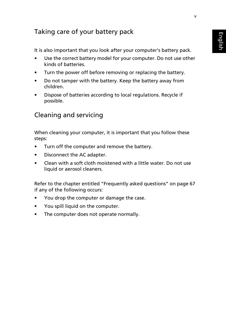 Taking care of your battery pack, Cleaning and servicing | Acer TravelMate 2200 User Manual | Page 5 / 105