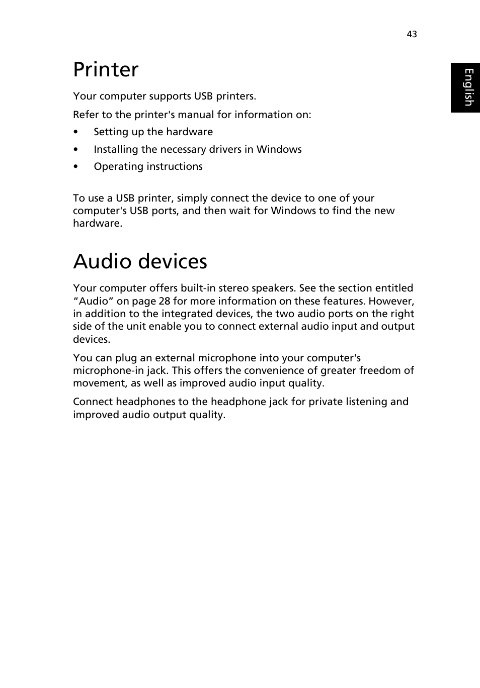 Printer, Audio devices | Acer TravelMate 2200 User Manual | Page 53 / 105