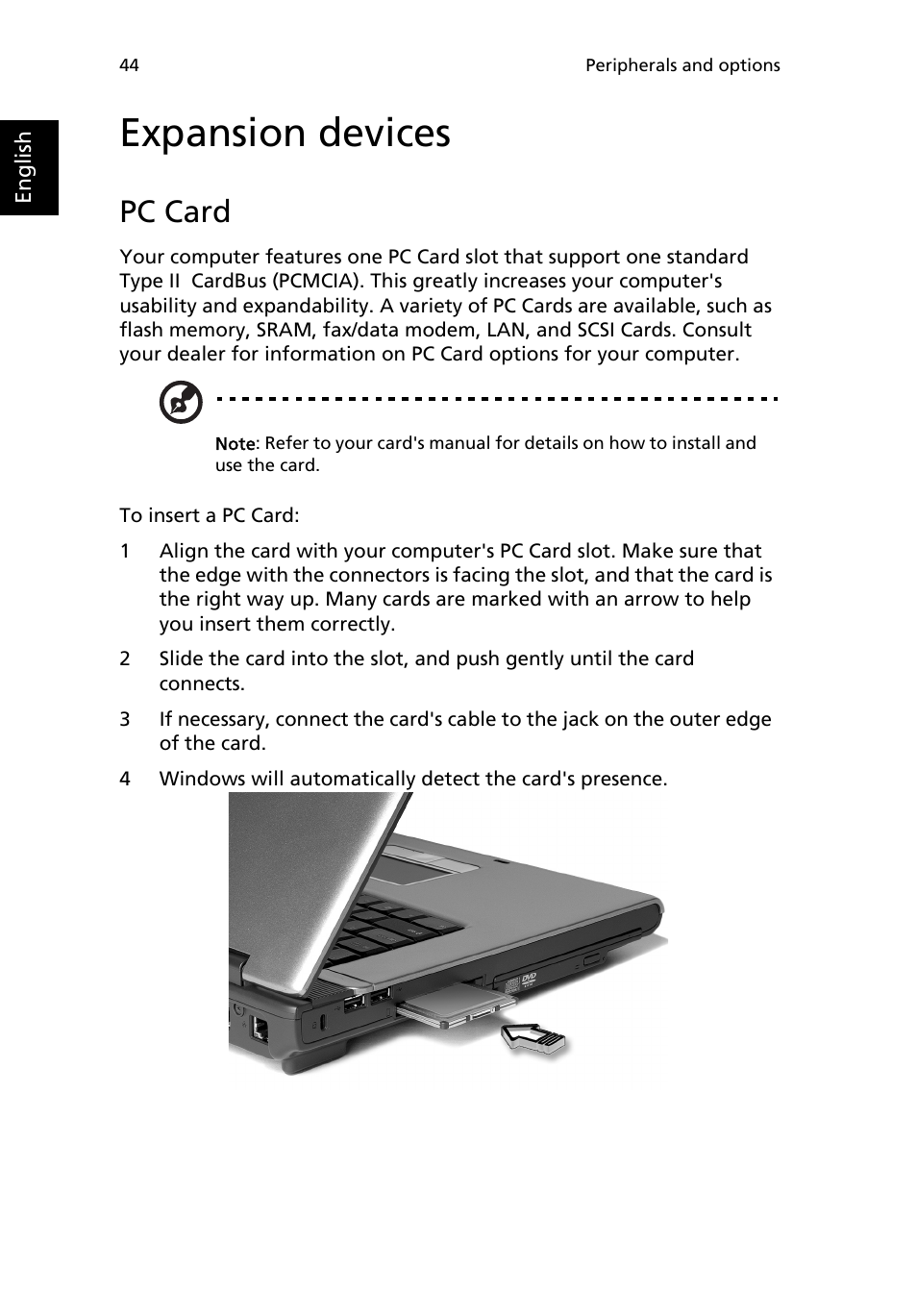 Expansion devices, Pc card | Acer TravelMate 2200 User Manual | Page 54 / 105