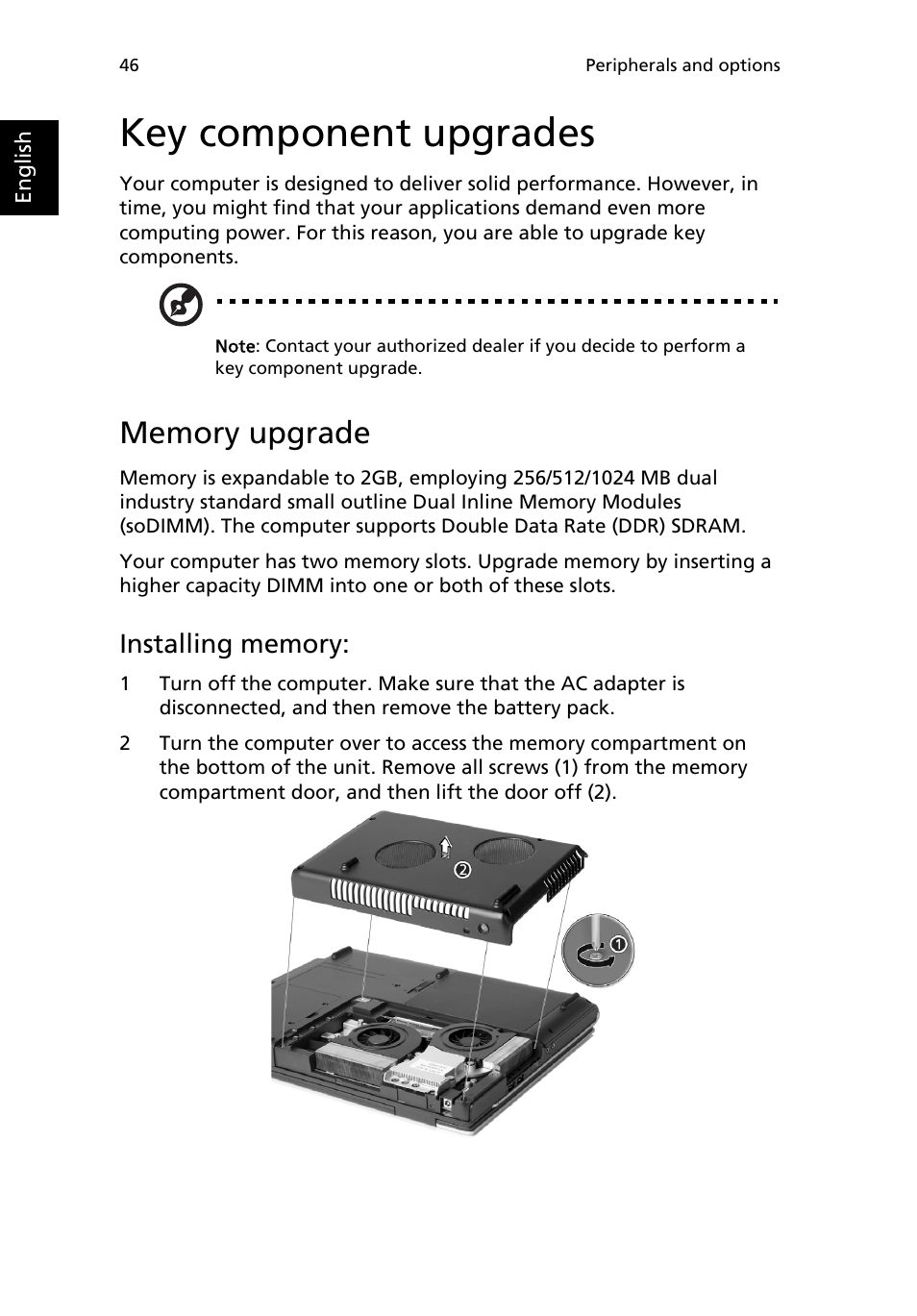 Key component upgrades, Memory upgrade | Acer TravelMate 2200 User Manual | Page 56 / 105