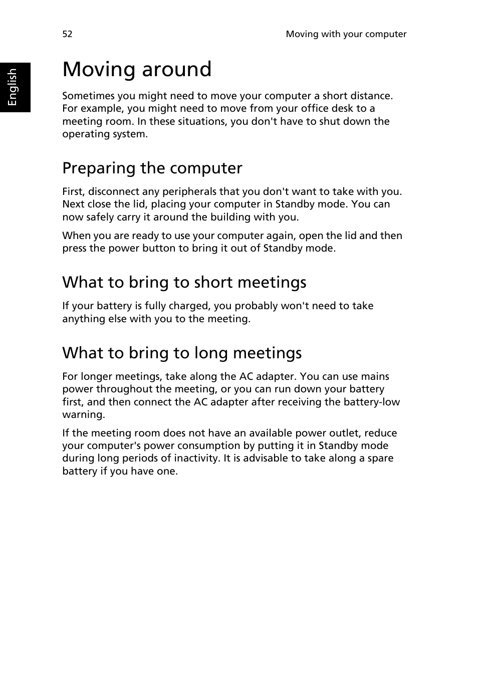 Moving around, Preparing the computer, What to bring to short meetings | What to bring to long meetings | Acer TravelMate 2200 User Manual | Page 62 / 105