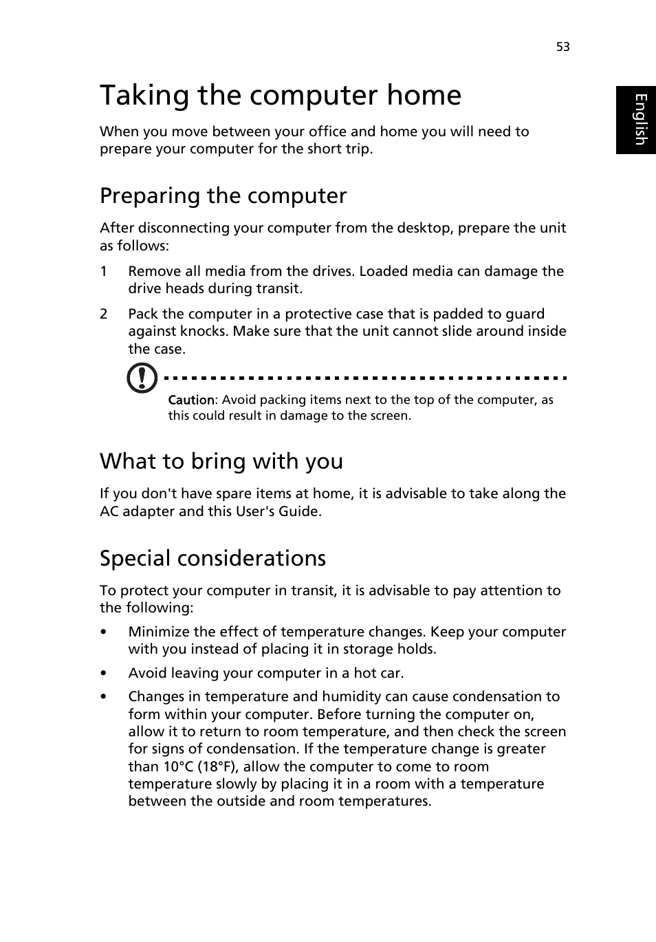 Taking the computer home, Preparing the computer, What to bring with you | Special considerations | Acer TravelMate 2200 User Manual | Page 63 / 105