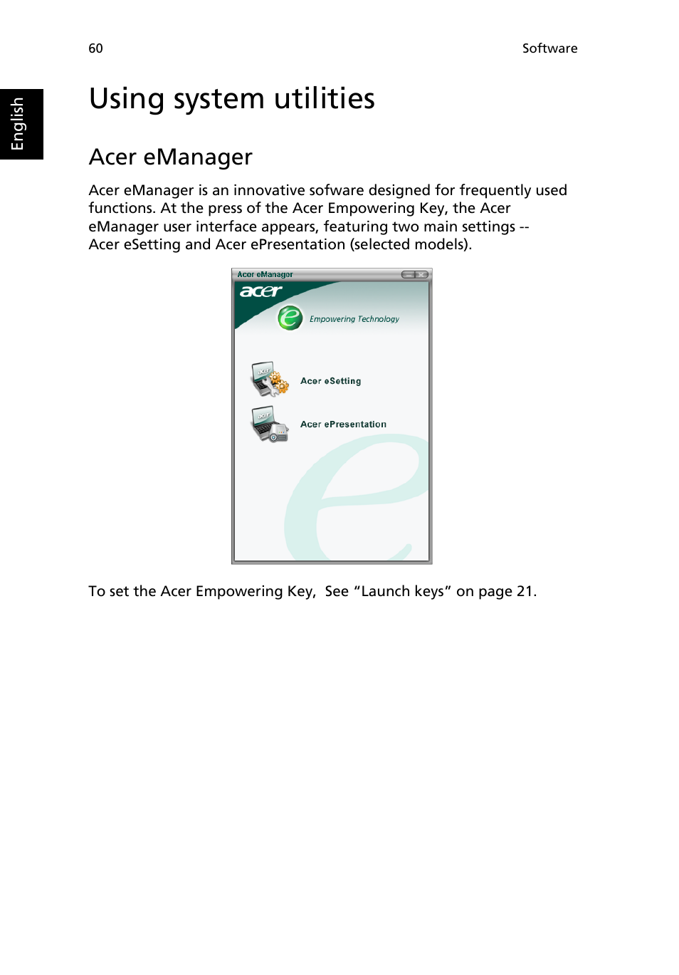 Using system utilities, Acer emanager | Acer TravelMate 2200 User Manual | Page 70 / 105