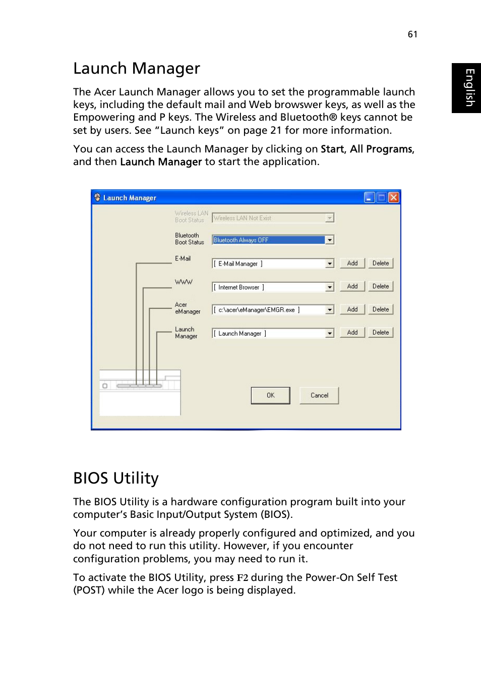 Launch manager, Bios utility | Acer TravelMate 2200 User Manual | Page 71 / 105