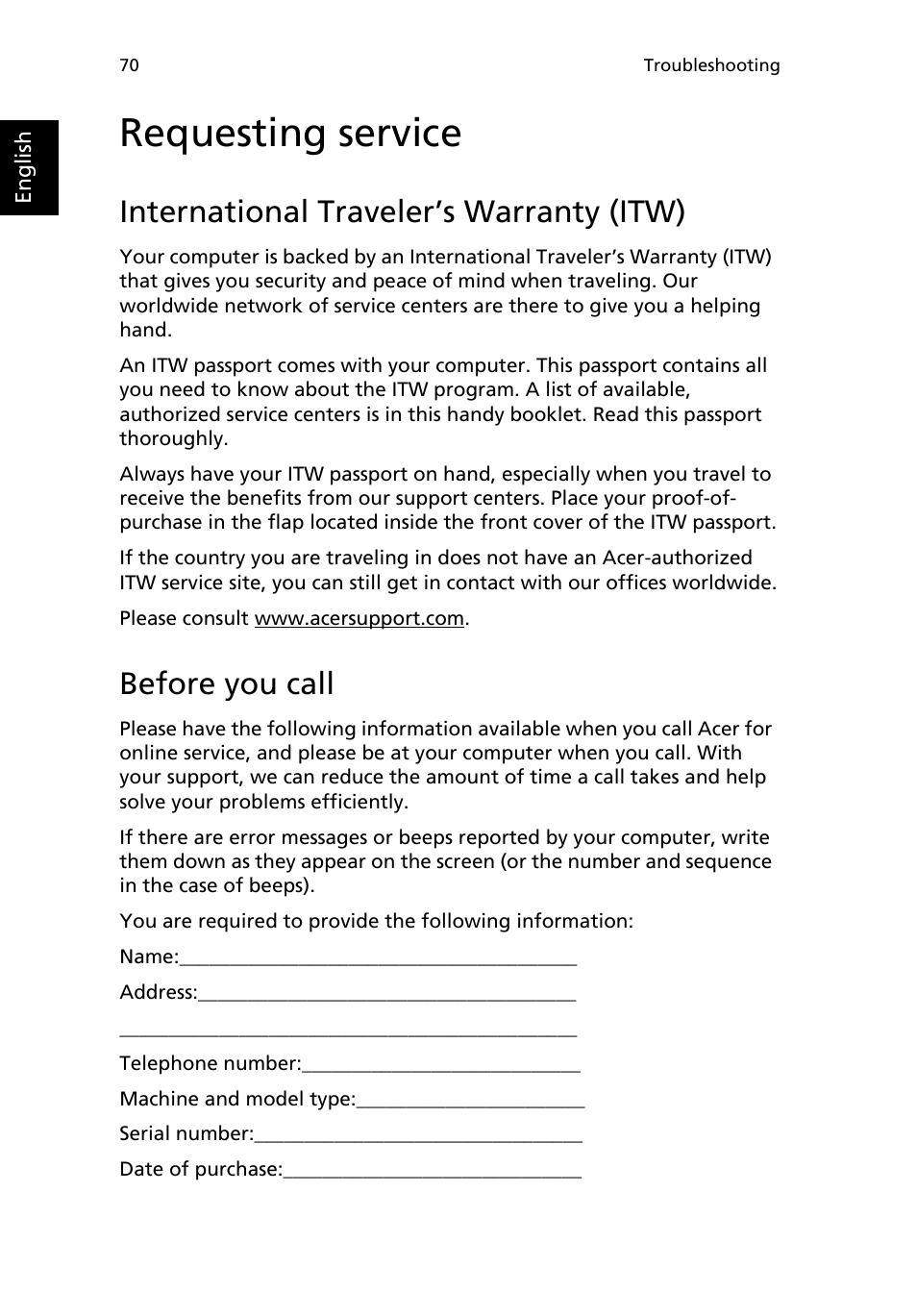 Requesting service, International traveler’s warranty (itw), Before you call | Acer TravelMate 2200 User Manual | Page 80 / 105