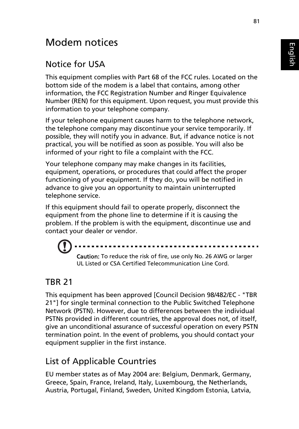 Modem notices, Notice for usa, Tbr 21 | List of applicable countries | Acer TravelMate 2200 User Manual | Page 91 / 105