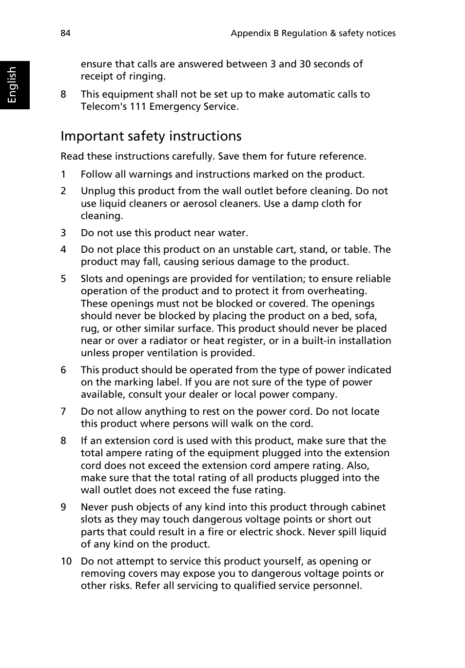 Important safety instructions | Acer TravelMate 2200 User Manual | Page 94 / 105