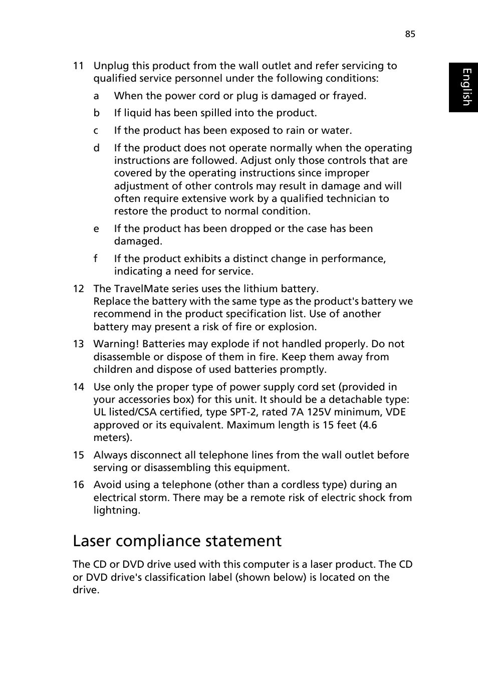 Laser compliance statement | Acer TravelMate 2200 User Manual | Page 95 / 105