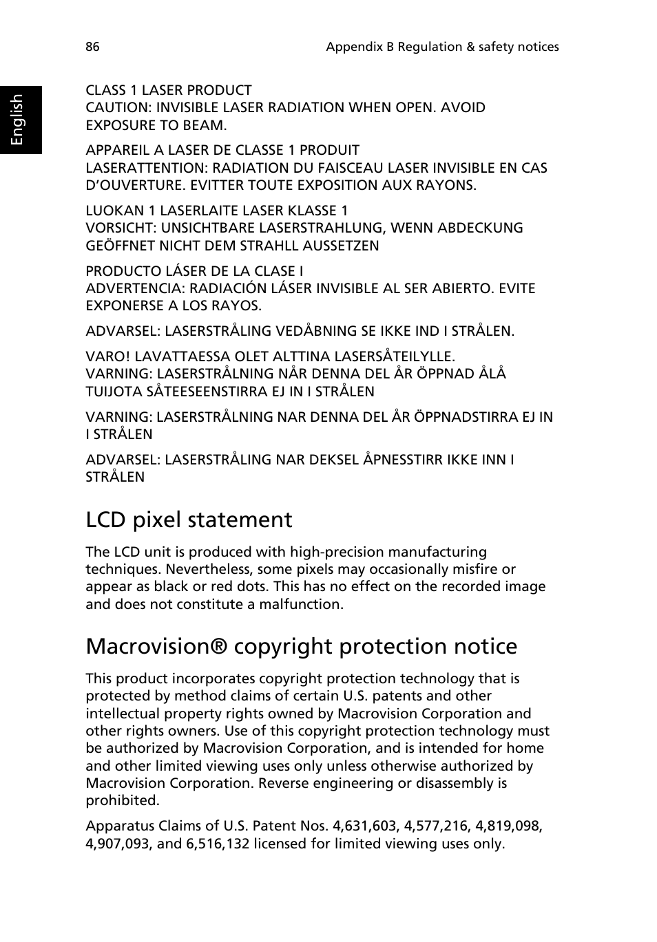 Lcd pixel statement, Macrovision® copyright protection notice | Acer TravelMate 2200 User Manual | Page 96 / 105