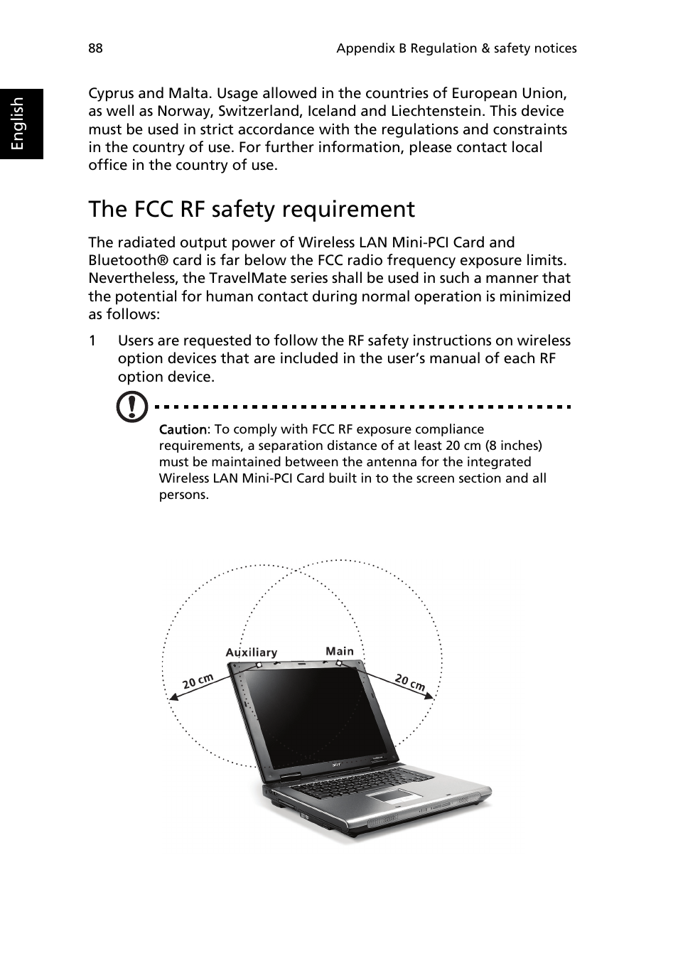 The fcc rf safety requirement | Acer TravelMate 2200 User Manual | Page 98 / 105