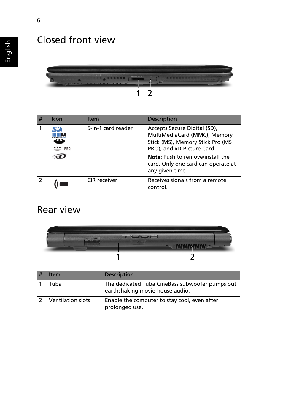 Closed front view, Rear view, Closed front view rear view | Acer Aspire 6530G User Manual | Page 6 / 12