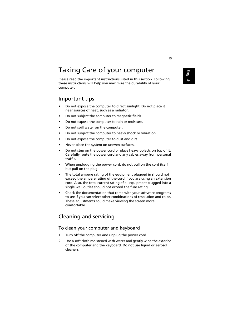 Taking care of your computer, Important tips, Cleaning and servicing | To clean your computer and keyboard | Acer Aspire SA90 User Manual | Page 19 / 28