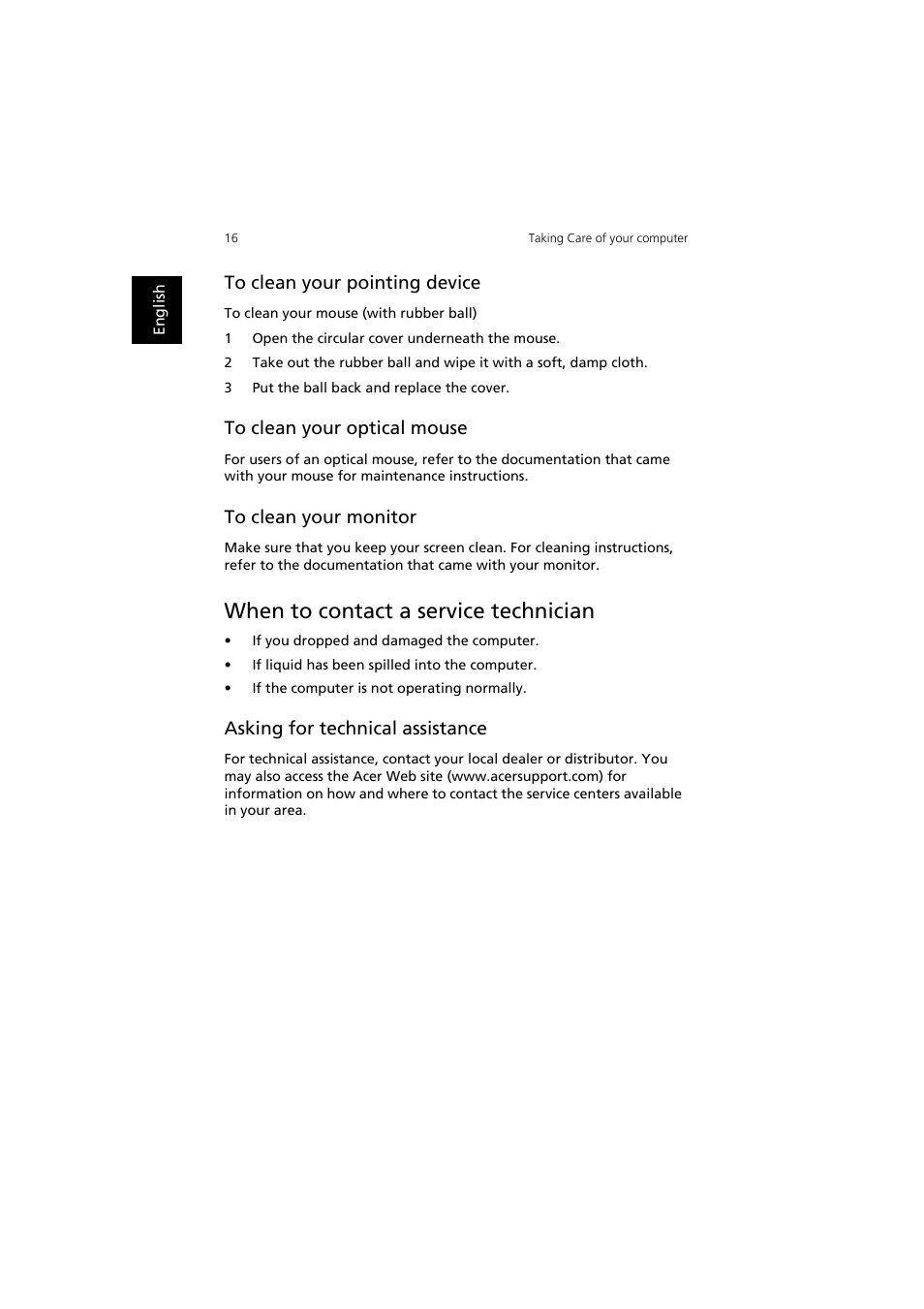 When to contact a service technician, To clean your pointing device, To clean your optical mouse | To clean your monitor, Asking for technical assistance | Acer Aspire SA90 User Manual | Page 20 / 28