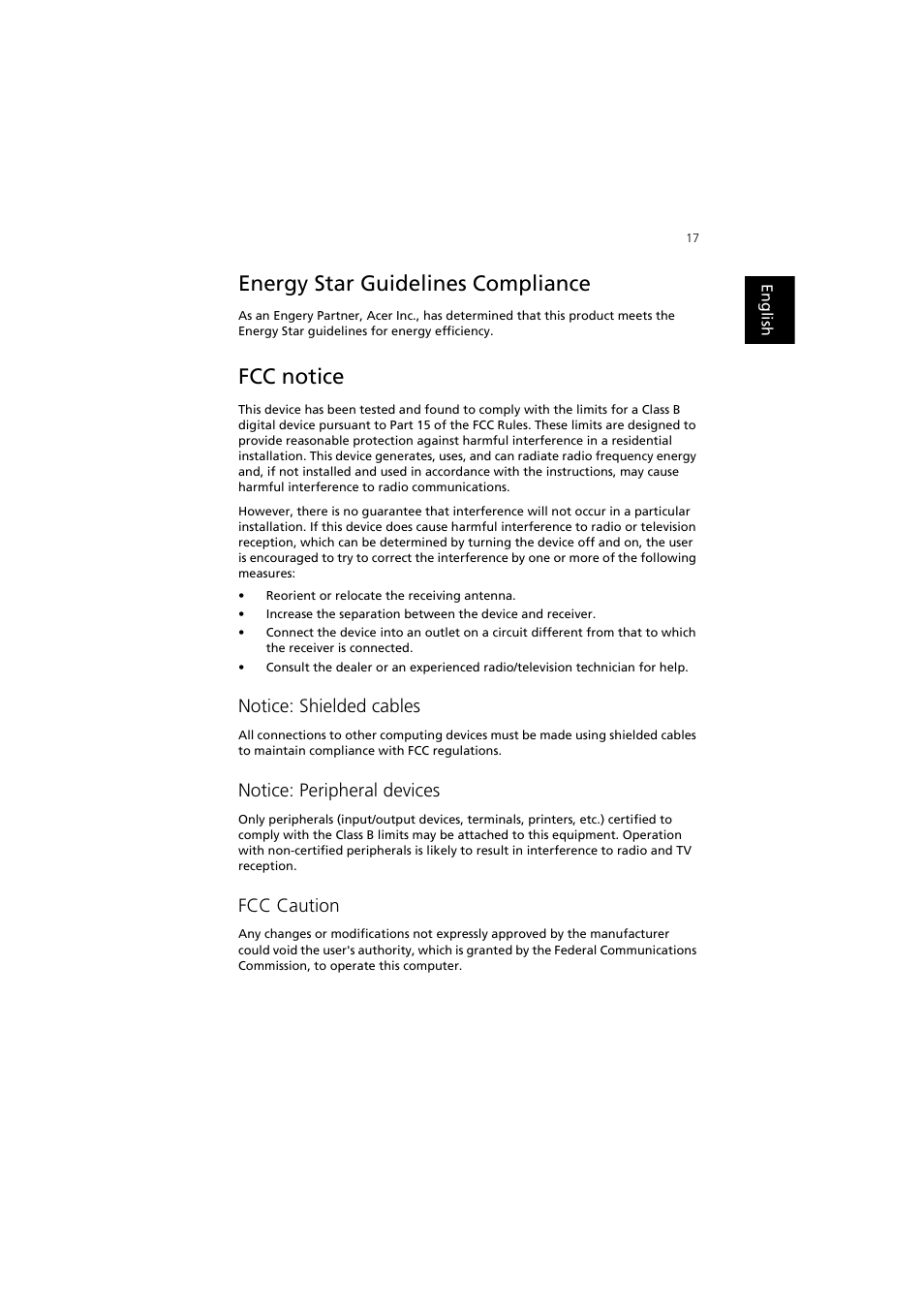 Energy star guidelines compliance, Fcc notice, Notice: shielded cables | Notice: peripheral devices, Fcc caution | Acer Aspire SA90 User Manual | Page 21 / 28