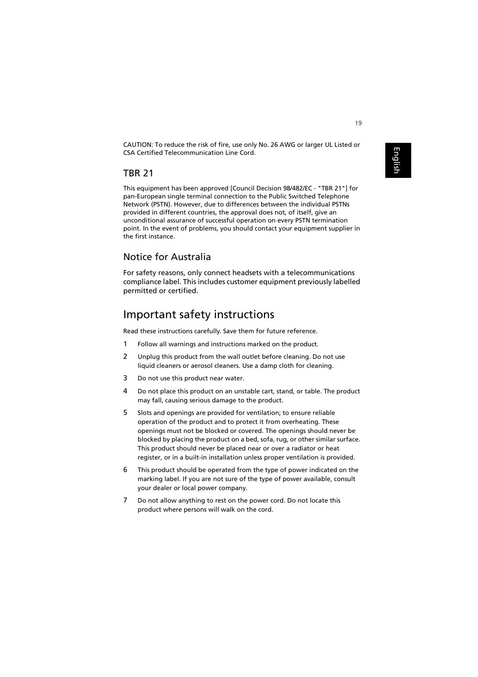 Important safety instructions, Tbr 21, Notice for australia | Acer Aspire SA90 User Manual | Page 23 / 28