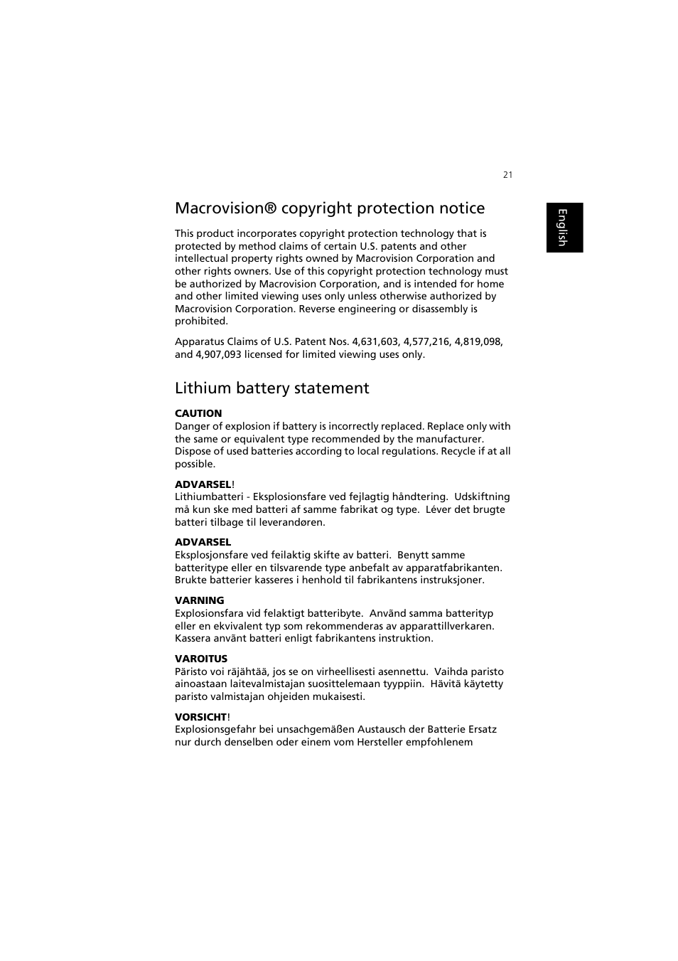 Macrovision® copyright protection notice, Lithium battery statement | Acer Aspire SA90 User Manual | Page 25 / 28