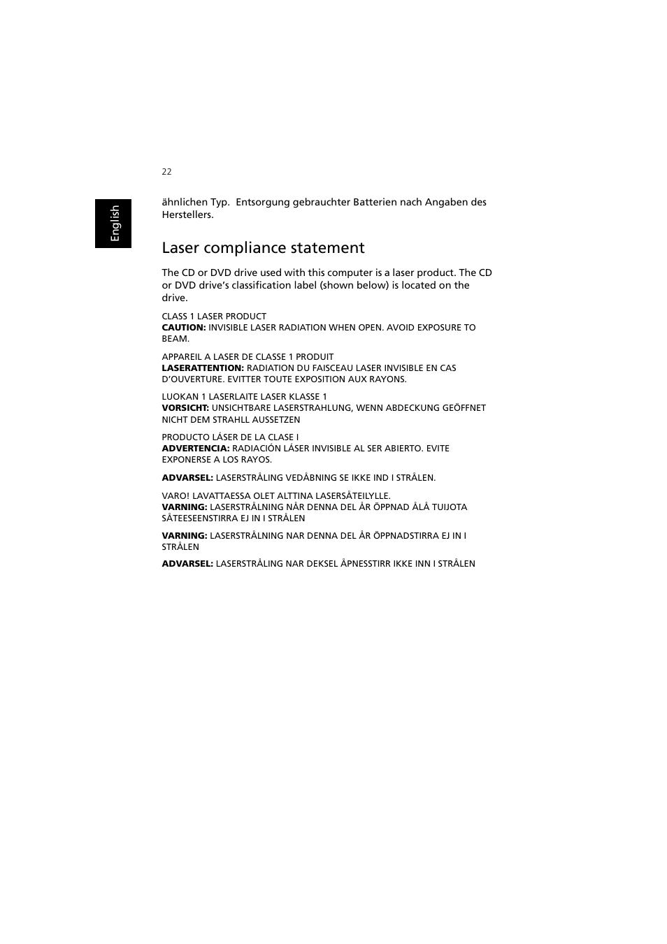 Laser compliance statement | Acer Aspire SA90 User Manual | Page 26 / 28