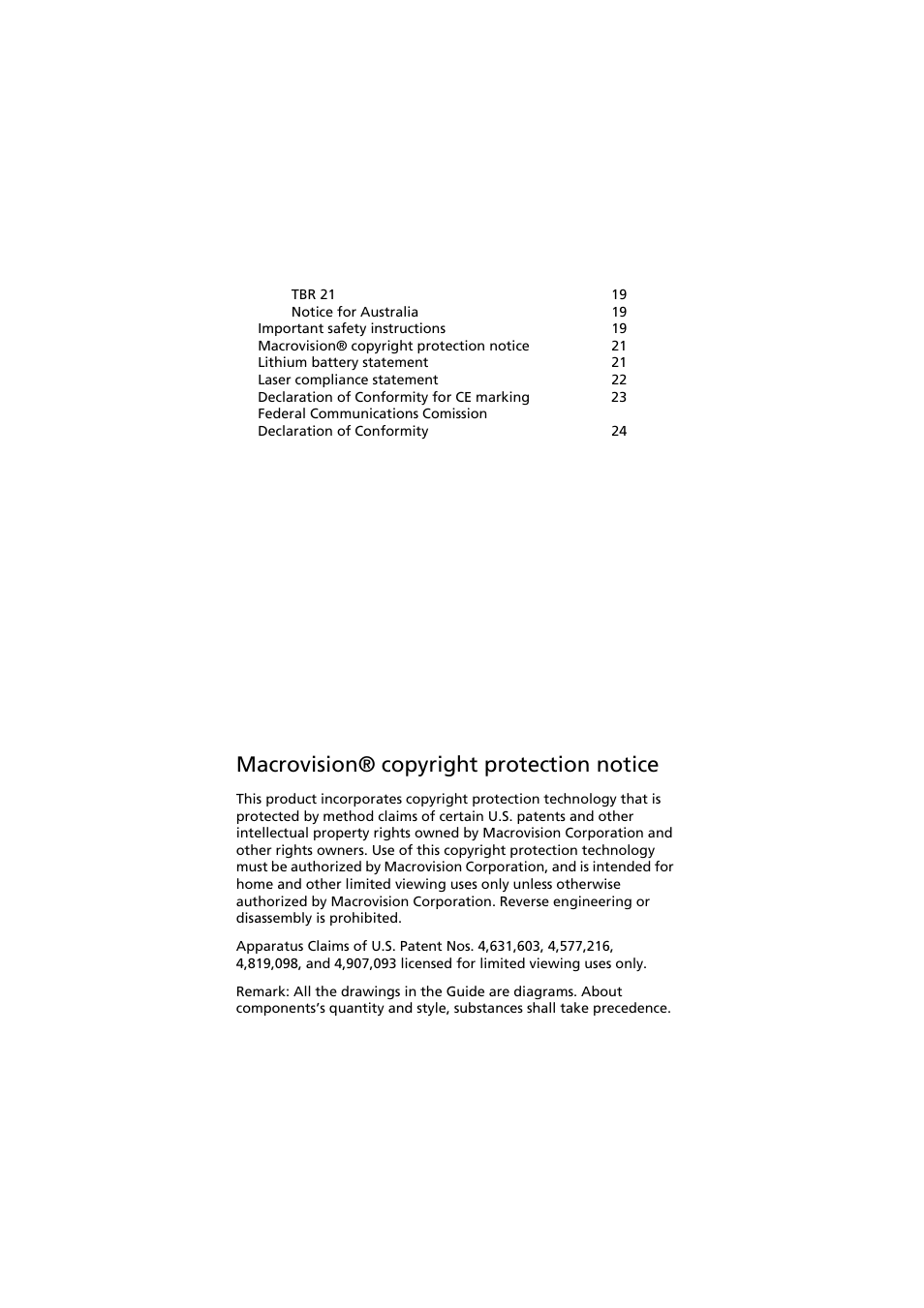 Macrovision® copyright protection notice | Acer Aspire SA90 User Manual | Page 4 / 28