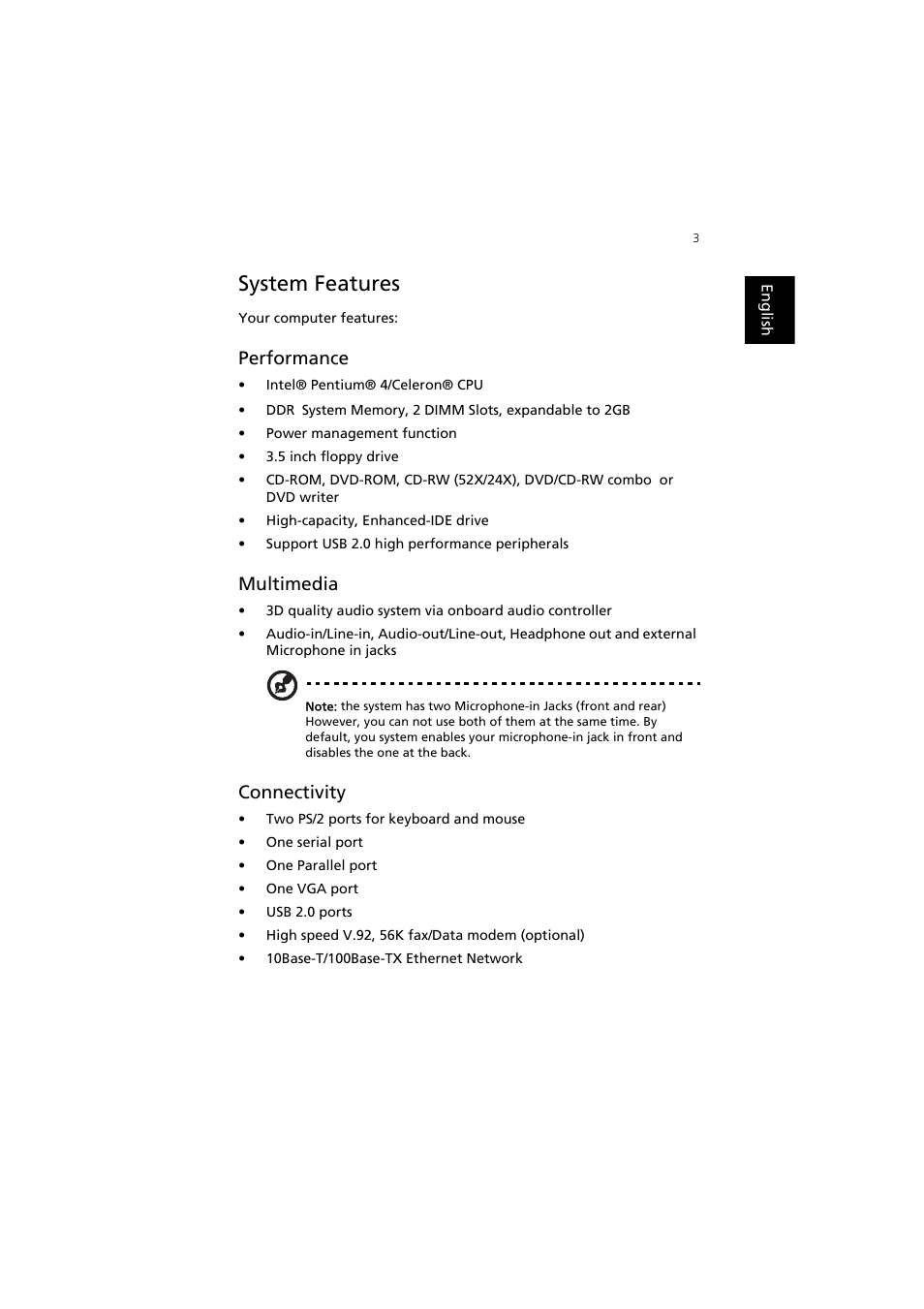 System features, Performance, Multimedia | Connectivity | Acer Aspire SA90 User Manual | Page 7 / 28