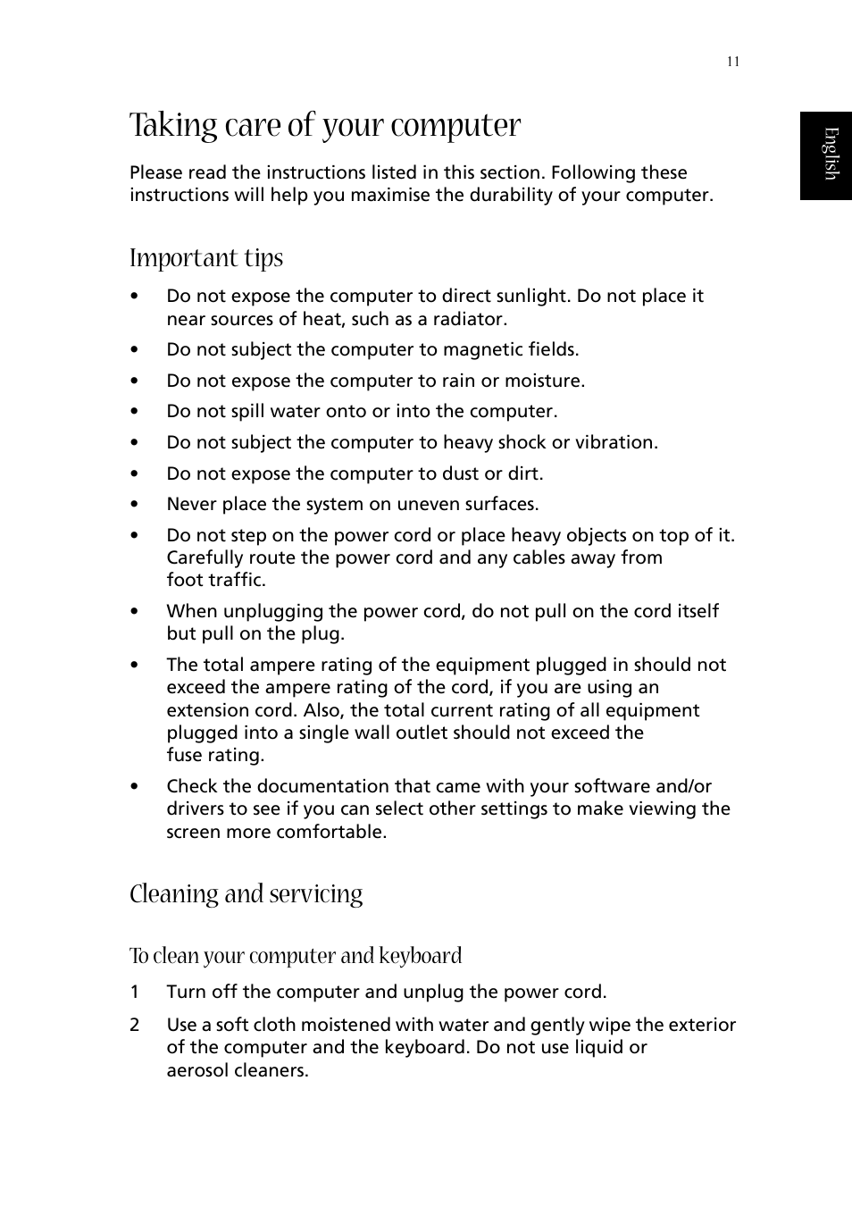 Taking care of your computer, Important tips, Cleaning and servicing | To clean your computer and keyboard | Acer Aspire T600 User Manual | Page 15 / 22