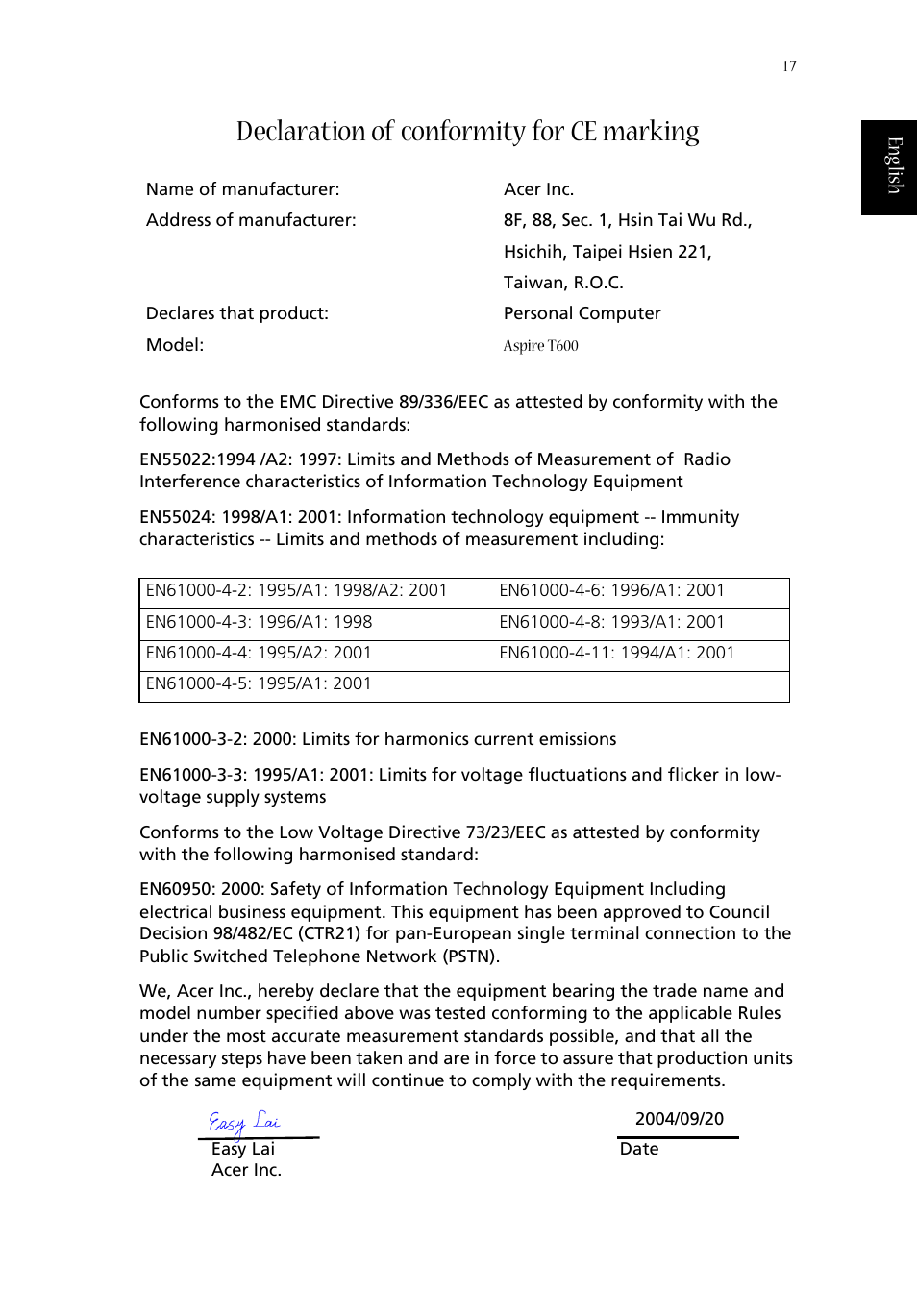 Declaration of conformity for ce marking, English | Acer Aspire T600 User Manual | Page 21 / 22