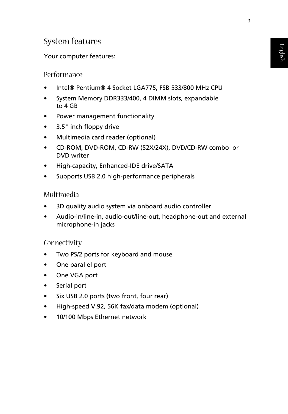 System features, Performance, Multimedia | Connectivity | Acer Aspire T600 User Manual | Page 7 / 22