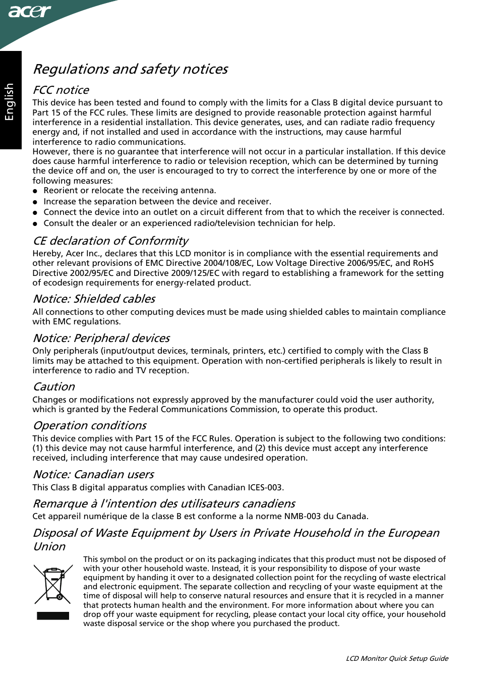 Regulations and safety notices, Fcc notice, Ce declaration of conformity | Notice: shielded cables, Notice: peripheral devices, Caution, Operation conditions, Notice: canadian users, Remarque à l'intention des utilisateurs canadiens, Eng lis h | Acer P166HQL User Manual | Page 2 / 2