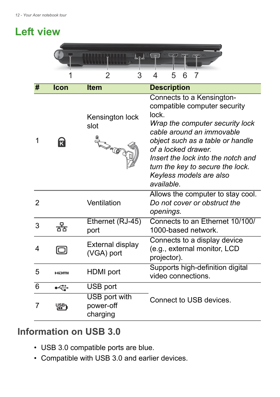 Left view, Information on usb 3.0 | Acer Aspire V3-772G User Manual | Page 12 / 87