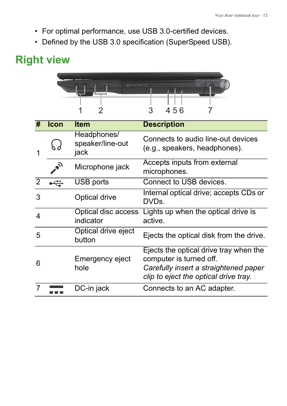 Right view | Acer Aspire V3-772G User Manual | Page 13 / 87