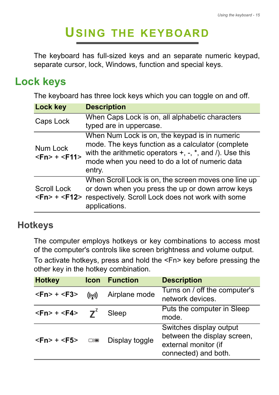 Using the keyboard, Lock keys, Hotkeys | Sing, Keyboard | Acer Aspire V3-772G User Manual | Page 15 / 87