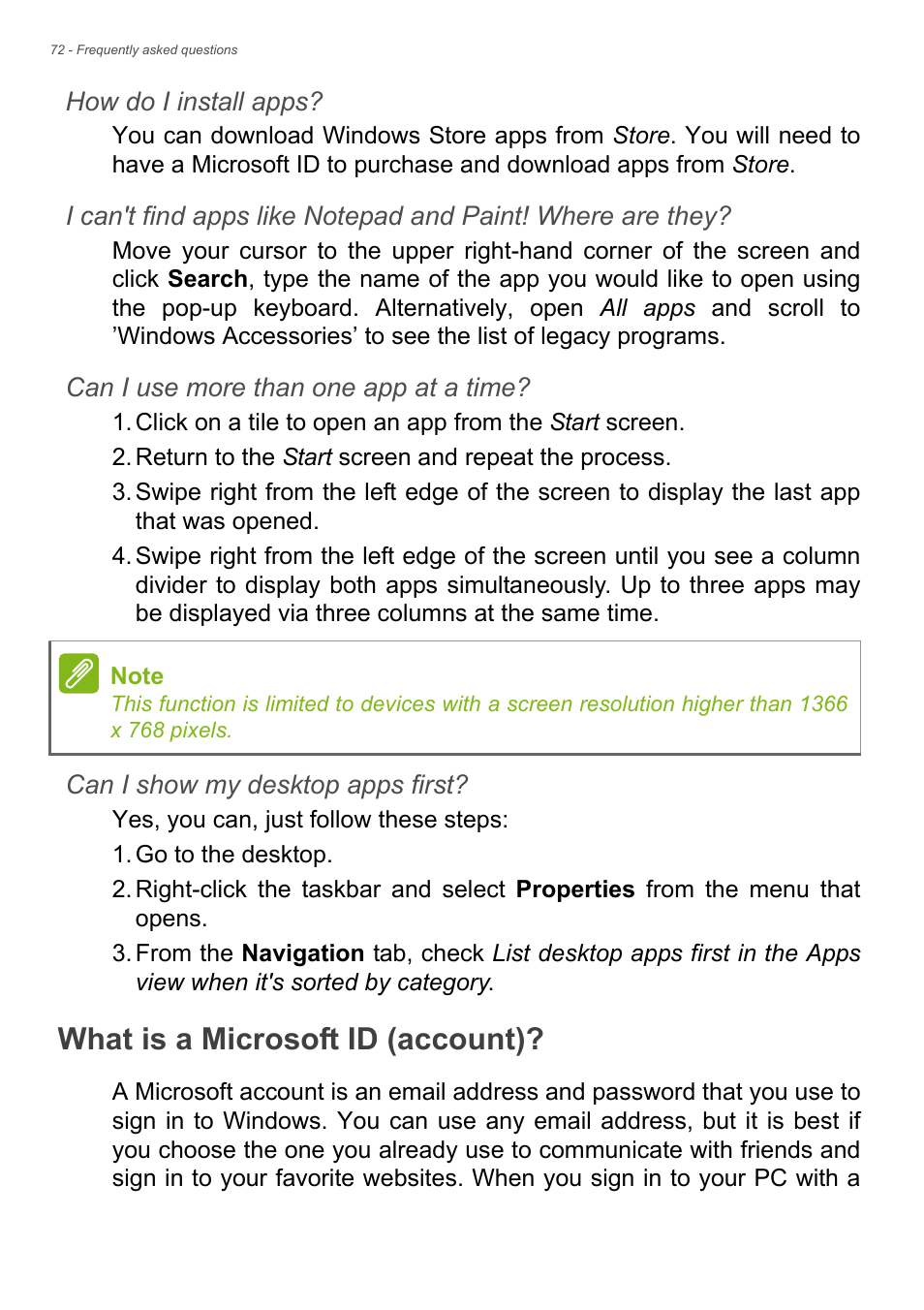 What is a microsoft id (account) | Acer Aspire V3-772G User Manual | Page 72 / 87