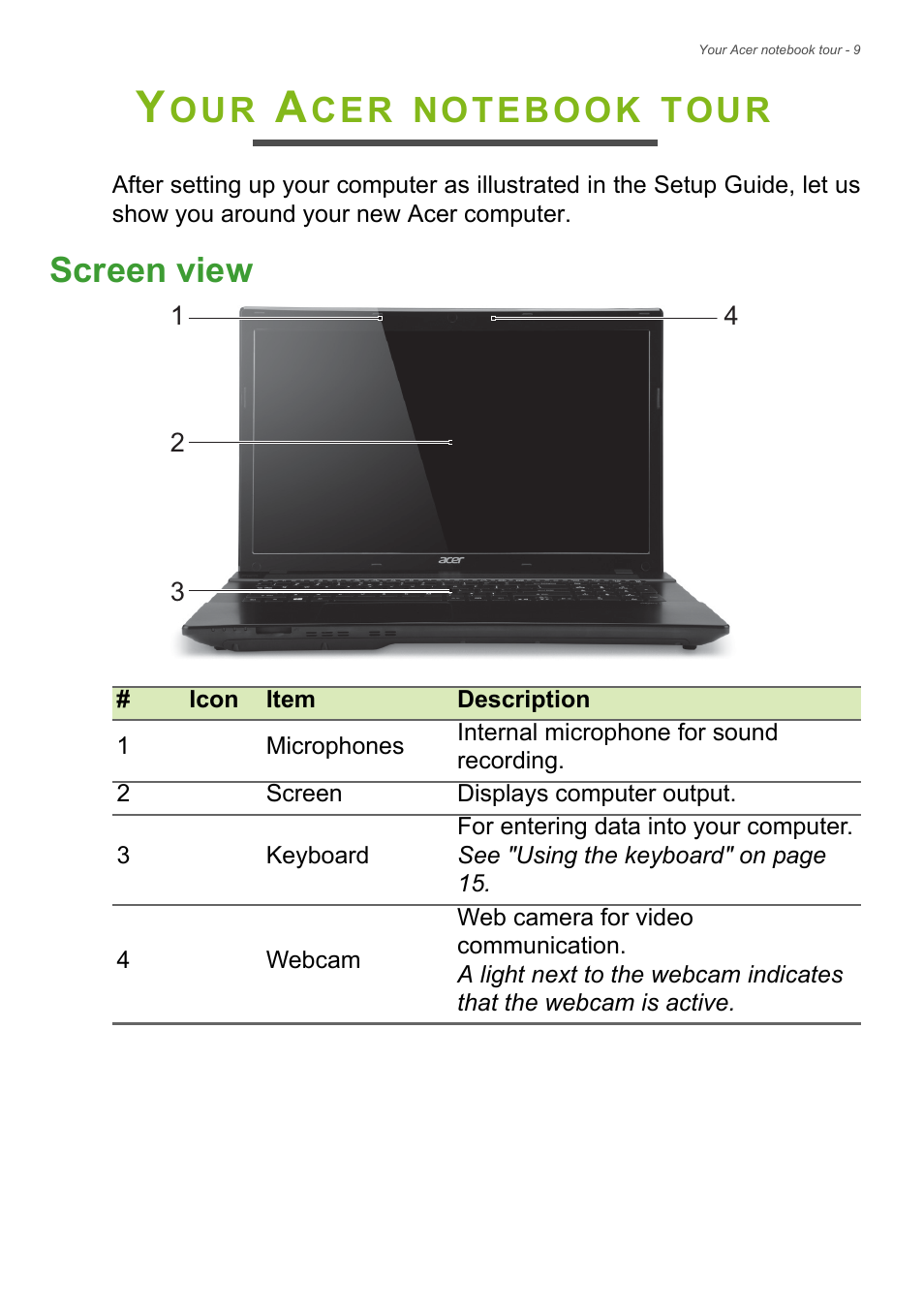 Your acer notebook tour, Screen view, Tour | Acer Aspire V3-772G User Manual | Page 9 / 87