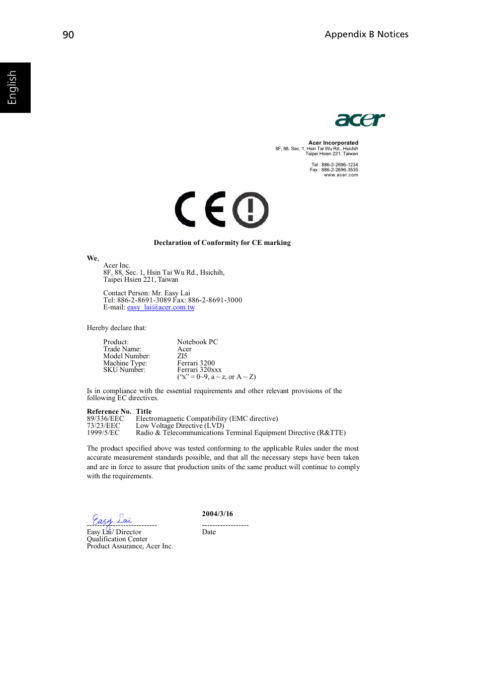 Engl is h, Appendix b notices | Acer Ferrari 3200 User Manual | Page 100 / 105